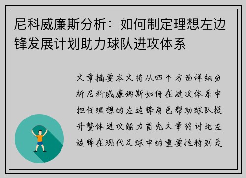 尼科威廉斯分析:如何制定理想左边锋发展计划助力球队进攻体系